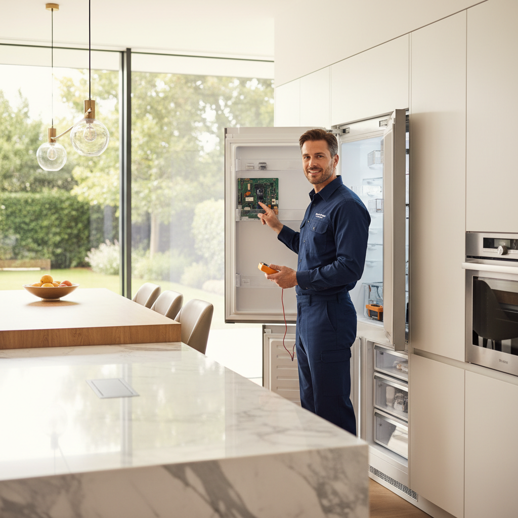 Professional technician inspecting a built-in refrigerator in a premium kitchen