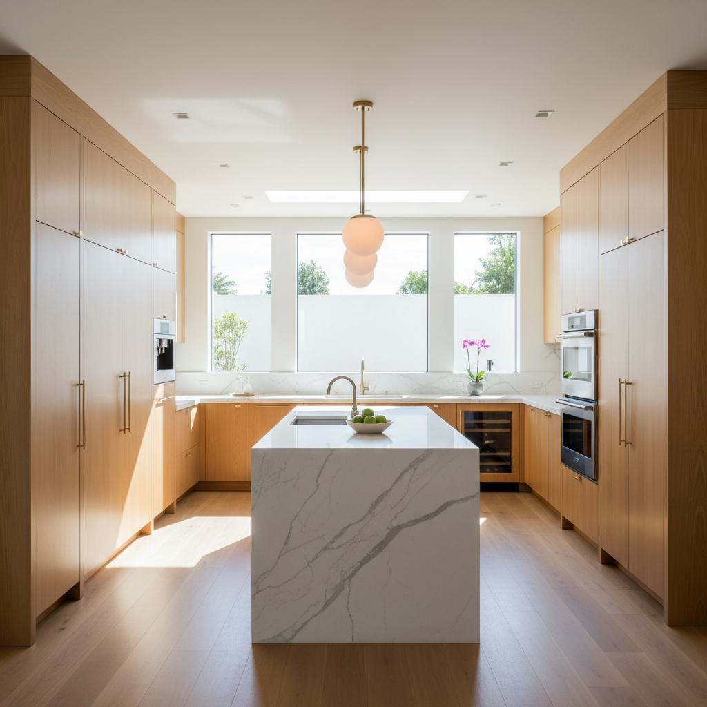 Bright upscale kitchen with integrated refrigerator and wall oven